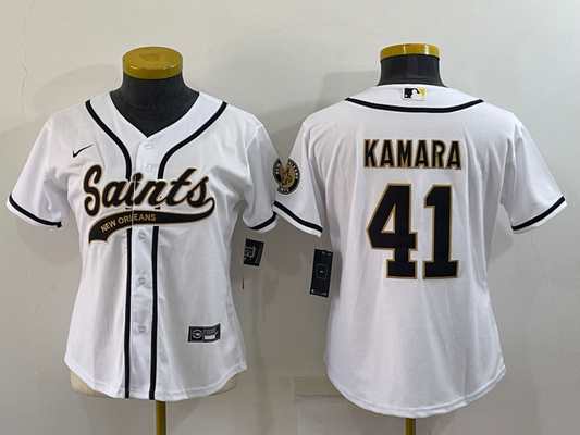 Saints 2022/23 Kamara #41 White/Black Women NFL Baseball Style Jersey