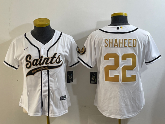 Saints 2023/24 Shaheed #22 White/Black/Gold Women NFL Baseball Style Jersey